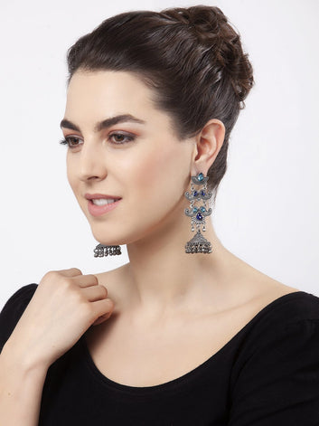 Blue Stones Studded Temple Design Oxidised Silver Plated Handcrafted Tribal Jhumkas