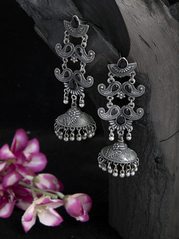 Black Stones Studded Temple Design Oxidised Silver Plated Handcrafted Tribal Jhumkas