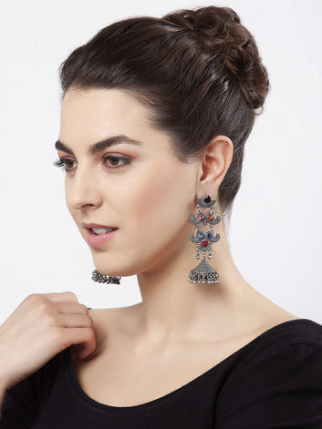 Black Stones Studded Temple Design Oxidised Silver Plated Handcrafted Tribal Jhumkas