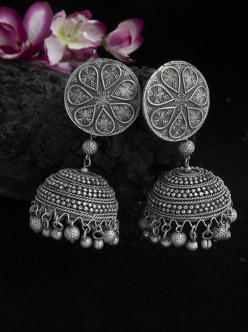 Ghungroo Studded Temple Tribal Design Oxidised Silver Plated Handcrafted Jhumkas