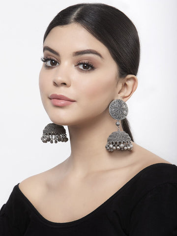 Ghungroo Studded Temple Tribal Design Oxidised Silver Plated Handcrafted Jhumkas