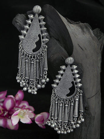 Ghungroo Studded Tribal Design Oxidised Silver Plated Handcrafted Tasselled Earrings