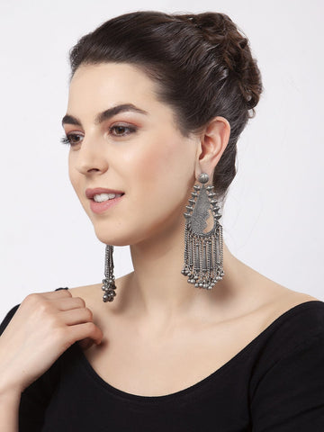 Ghungroo Studded Tribal Design Oxidised Silver Plated Handcrafted Tasselled Earrings