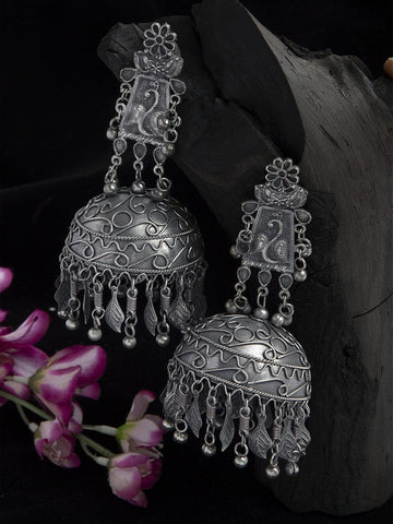 Beads Studded Tribal Design Oxidised Silver Plated Handcrafted Chandelier Jhumkas