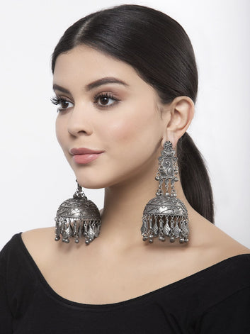 Beads Studded Tribal Design Oxidised Silver Plated Handcrafted Chandelier Jhumkas