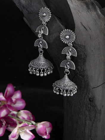 Beads Studded Peacock Design Oxidised Silver Plated Handcrafted Tribal Jhumkas