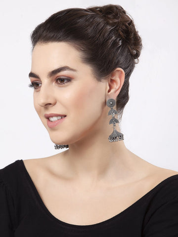 Beads Studded Peacock Design Oxidised Silver Plated Handcrafted Tribal Jhumkas