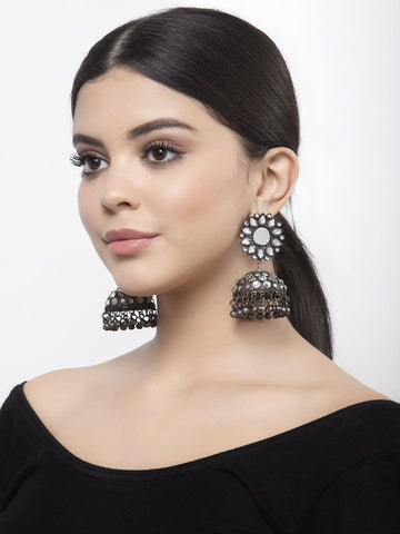 Mirror and Stones Studded Tribal Design Oxidised Silver Plated Handcrafted Jhumkas