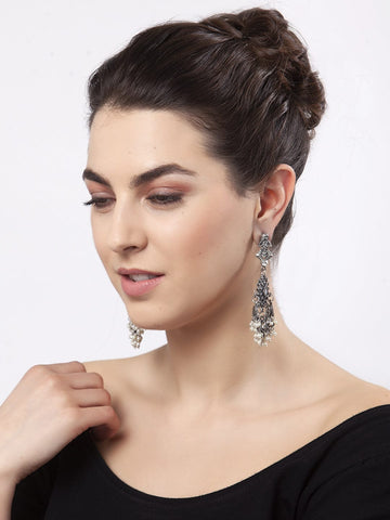 Pearls and Stones Studded Tasselled Design Oxidised Silver Plated Handcrafted Earrings