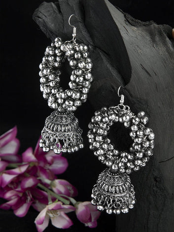 Handcrafted Ghungroo Studded Tribal Design Oxidised Silver Plated Handcrafted Jhumkas