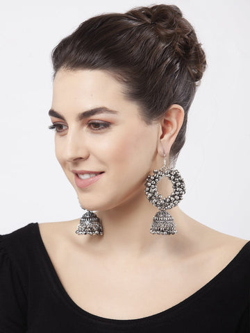 Handcrafted Ghungroo Studded Tribal Design Oxidised Silver Plated Handcrafted Jhumkas