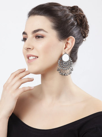 Mirror Studded Filigree Work Oxidised Silver Plated Handcrafted Tribal Chandbalis