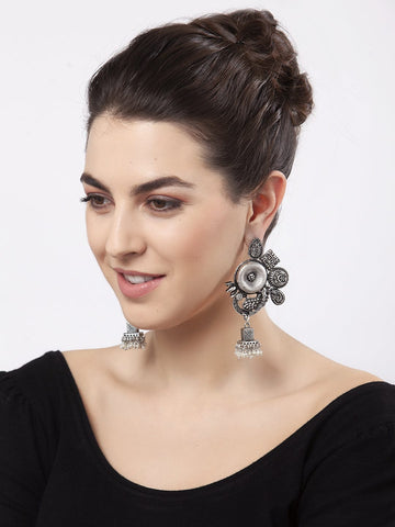 Peacock Design Filigree Work Oxidised Silver Plated Handcrafted Tribal Jhumkas