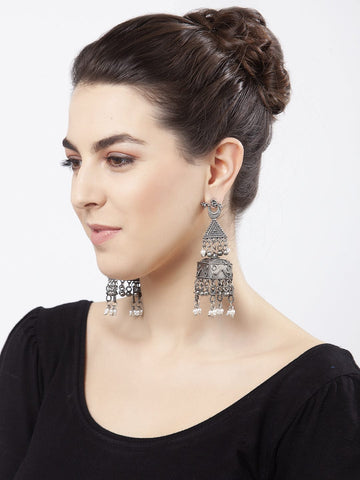 Peacock Shape Tribal Design Oxidised Silver Plated Handcrafted Chandelier Jhumkas