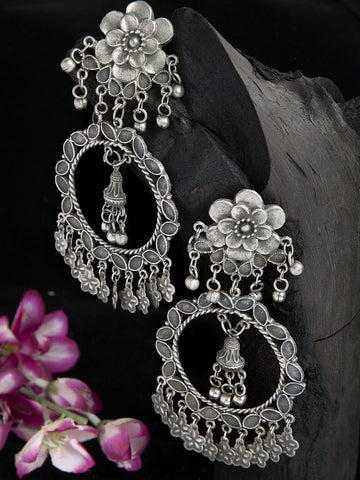 Ghungroo Studded Tribal Floral Design Oxidised Silver Plated Handcrafted Chandbalis