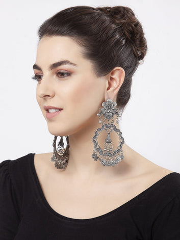 Ghungroo Studded Tribal Floral Design Oxidised Silver Plated Handcrafted Chandbalis