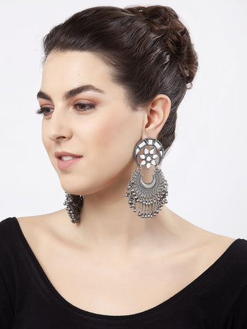 Mirrors Studded Tribal Design Oxidised Silver Plated Handcrafted Chandbalis