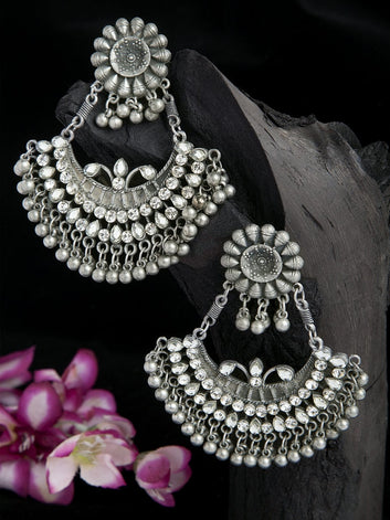 CZ and Beads Studded Tribal Design Oxidised Silver Plated Handcrafted Chandbalis