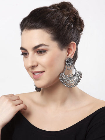 CZ and Beads Studded Tribal Design Oxidised Silver Plated Handcrafted Chandbalis