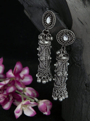 Handcrafted Temple Tribal Design Oxidised Silver Plated Jhumkas