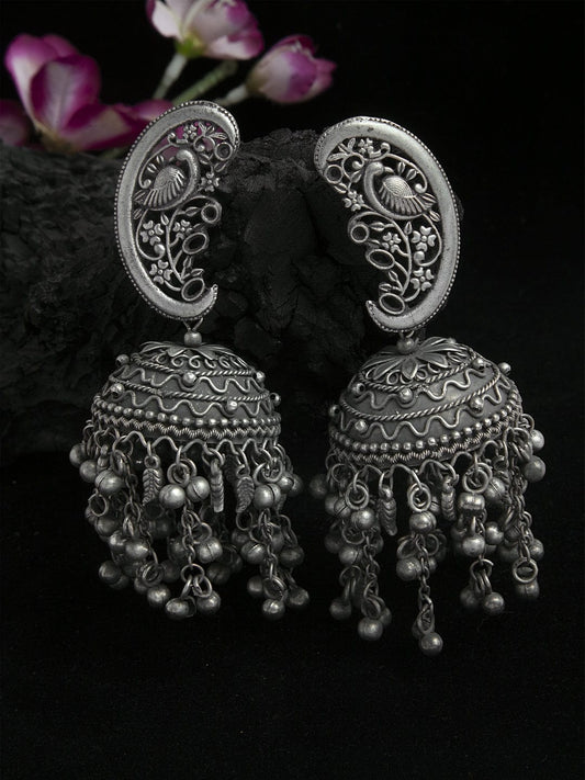 Peacock Shaped Tribal Design Oxidised Silver Plated Handcrafted Chandelier Jhumkas
