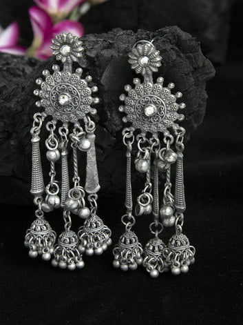 Ghungroo Studded Tasselled Design Oxidised Silver Plated Handcrafted Tribal Earrings