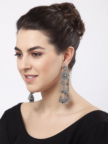 Ghungroo Studded Tasselled Design Oxidised Silver Plated Handcrafted Tribal Earrings