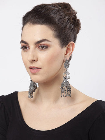 Silver-Plated Oxidised Contemporary Drop Earrings
