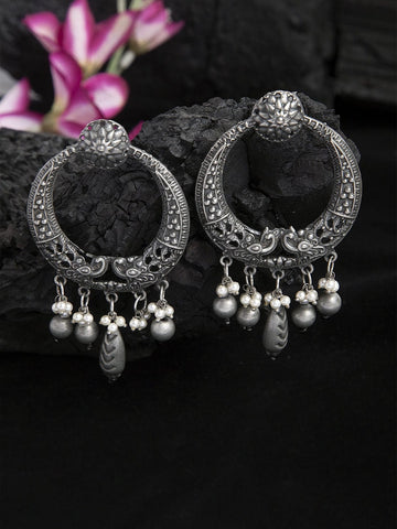 Pearls Studded Tasselled Design Oxidised Silver Plated Handcrafted Tribal Chandbalis