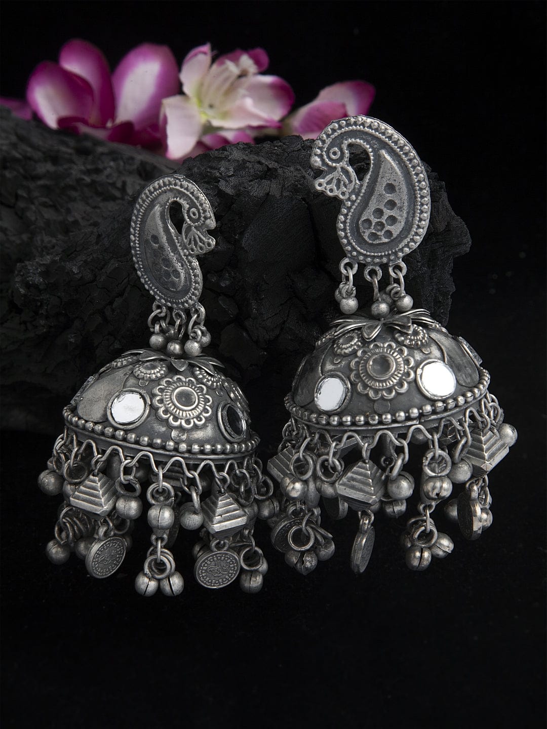 Silver-Toned Peacock Shaped Jhumkas