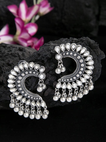 Ghungroo & Stones Studded Tribal Design Oxidised Silver Plated Handcrafted Studs