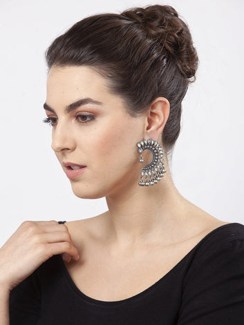 Ghungroo & Stones Studded Tribal Design Oxidised Silver Plated Handcrafted Studs