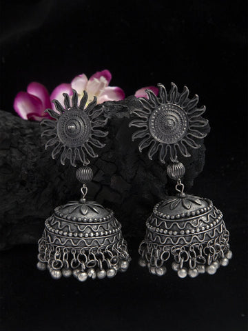 Floral Shaped Tribal Design Oxidised Silver Plated Handcrafted Chandelier Jhumkas