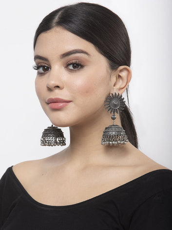 Floral Shaped Tribal Design Oxidised Silver Plated Handcrafted Chandelier Jhumkas