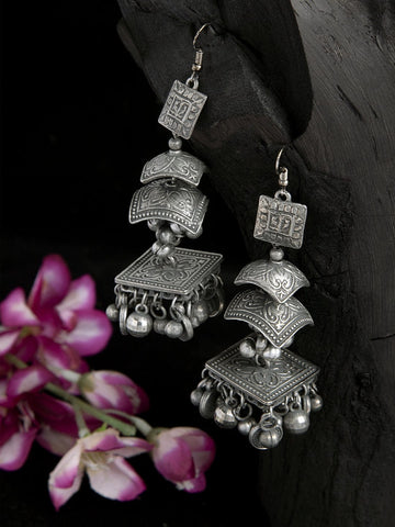 Ghungroo Studded Layered Design Oxidised Silver Plated Handcrafted Earrings