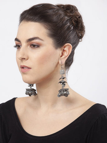 Ghungroo Studded Layered Design Oxidised Silver Plated Handcrafted Earrings