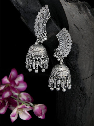 Beads Studded Tasselled Design Oxidised Silver Plated Handcrafted Jhumkas