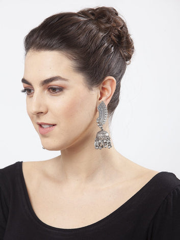 Beads Studded Tasselled Design Oxidised Silver Plated Handcrafted Jhumkas