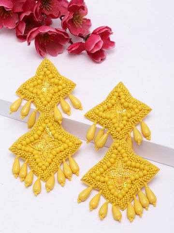 Yellow Pearls and Beads Studded Contemporary Handcrafted Drop Earrings
