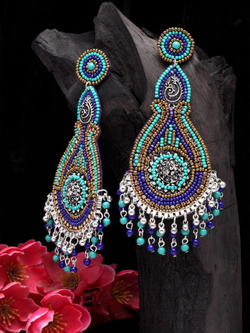 Turquoise Blue Beads Studded Oxidised Handcrafted Earrings