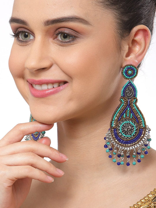 Turquoise Blue Beads Studded Oxidised Handcrafted Earrings