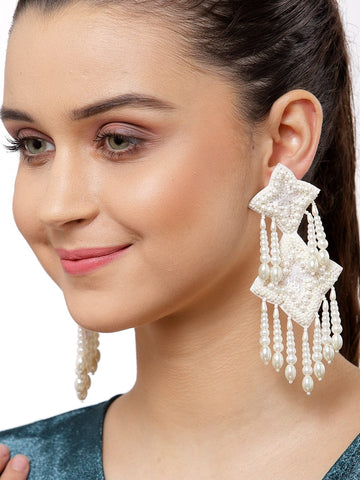 Silver-Plated & Off White Pearls Contemporary Drop Earrings