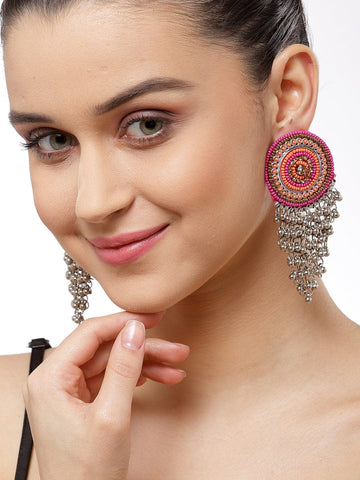 Pink & Silver-Toned Circular Drop Earrings