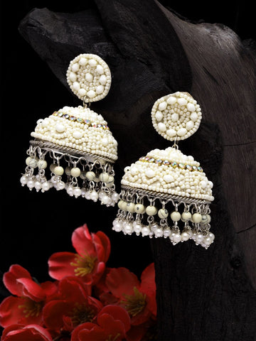 Off White Silver-Plated Handcrafted Tasselled Dome Shaped Afghan Jhumkas