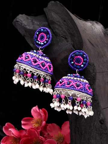 Silver-Plated & Blue Dome Shaped Jhumkas Earrings