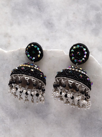 Black & Silver-Toned Dome Shaped Jhumkas Earrings