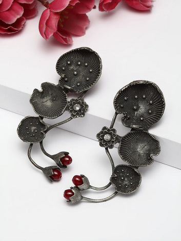 Gunmetal-Toned Silver-Plated Contemporary Jhumkas Earrings