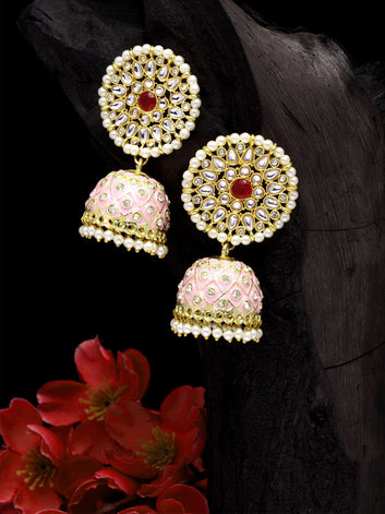 Pink & Gold-Toned Dome Shaped Jhumkas Earrings