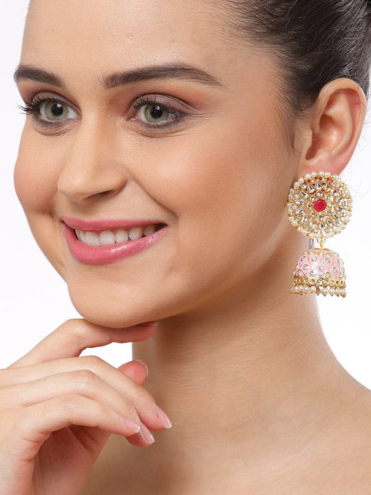 Pink & Gold-Toned Dome Shaped Jhumkas Earrings