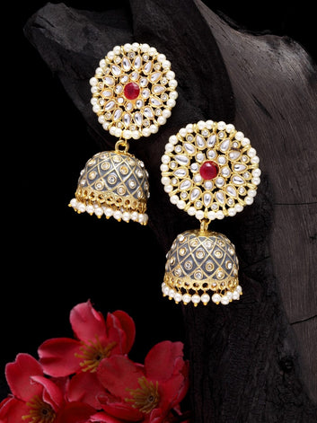 Grey & White Gold-Plated Dome Shaped Jhumkas Earrings